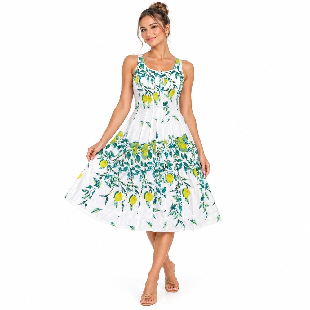 Ro's Garden Dress Women XL White Lemon Print Fit Flare Midi Cotton Lightweight